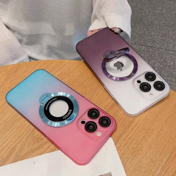 Støtteben PC-deksel for iPhone 14 Pro Max, Gradientfarget telefondeksel kompatibelt med MagSafe Pink Blue