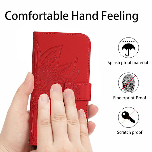Ht04 Pu Läder Phone case För Oppo Reno10 Pro+ 5g Sunflower Imprint Cover med axelrem Red