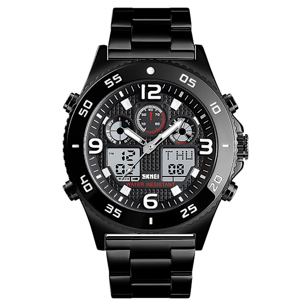 Skmei 1538 Multifunktionelt Ur Stort Urskive Stålbælte Herre Casual Sports Elektronisk Ur Black-Steel Belt