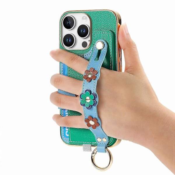 W2 iPhone 16 Pro -kotelo korttipidikkeellä, nahkainen takakansi, 3D-kukkarannerenkaalla - Multicolor Green