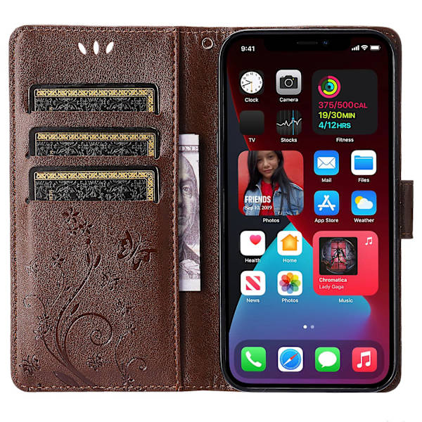 För Iphone 15 Imprinted Butterflies Mobiltelefon Stand Case Pu Läder Plånboksskal med rem Brown