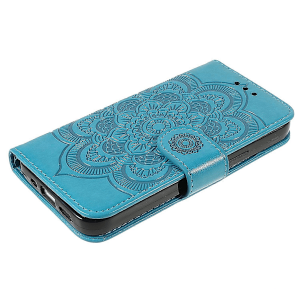Präglad Mandala Blomma PU Läder Telefonställ Skydd Plånboksfodral med Rem för iPhone 13 6.1 tum Multicolor Style G