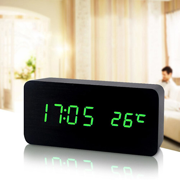 LED Skrivebord Træ Digitalt Vækkeur Lysende Stille Ur Tid Temperatur Justerbar Lysstyrke (sort træ og grøn skærm) Black