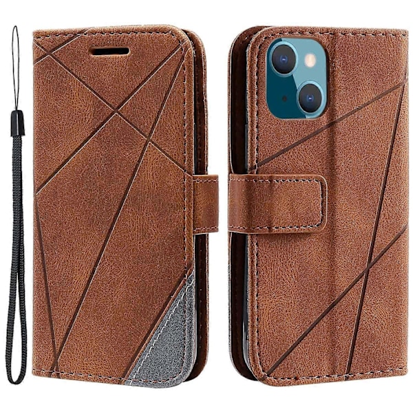 Plånboksfodral för iPhone 14 med skarvat läder, stativ och handrem Multicolor Style D