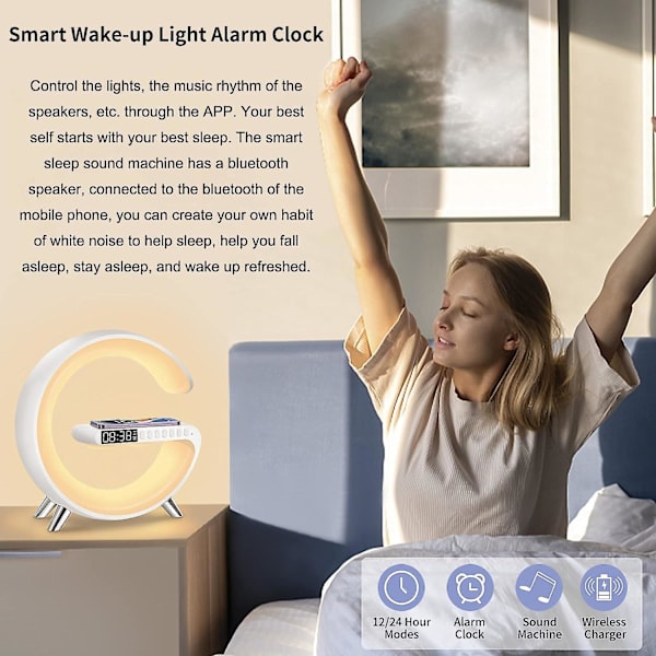 Smart Sound Machine Wake Up Light Väckarklockor Smart Bordslampa Kontroll Med App, 15W Snabb Trådlös Laddare Med Bluetooth Audio Väckarklocka För Vuxna