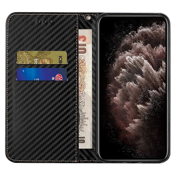 Til iPhone 15 Pro Max Kulfibertekstur PU Læder+TPU Wallet Case Foldbart Stativ Telefon Cover Multicolor Style A