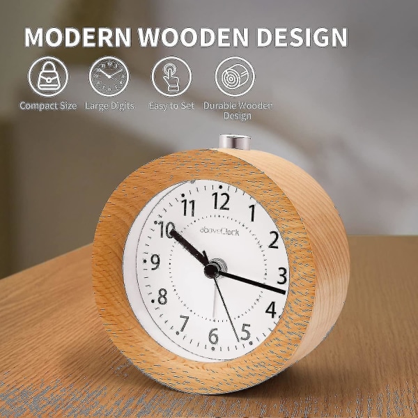Väckarklocka Analog utan tick, Väckarklocka Trä Med Snooze, Sängbordsklocka med Nattljus, Retro Väckarklocka Analog Batteridriven1*aa