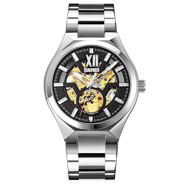 Skmei 9258 Män Automatisk Mekanisk Watch Silver Shell Black Surface
