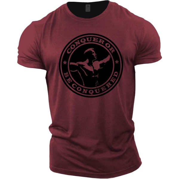 Gymtier Bodybuilding T-shirt för män - Arnold Schwarzenegger Conquer - Gym Training Top Maroon L