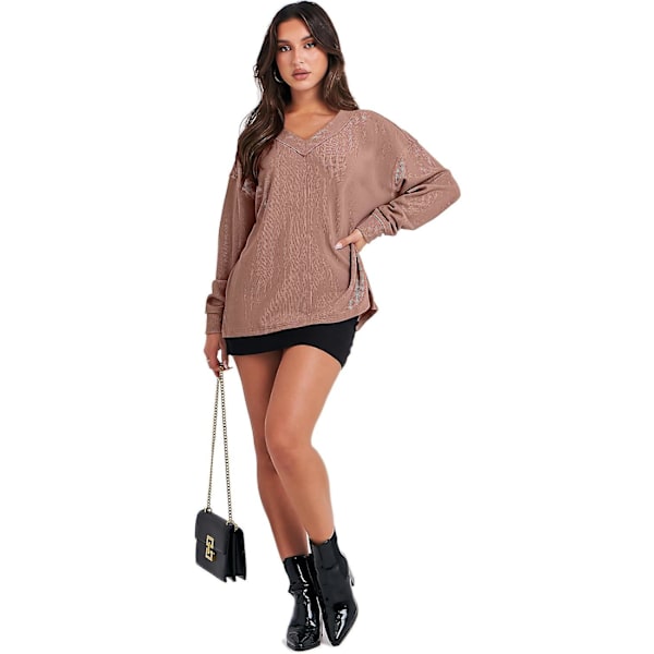 Dam långärmad skjorta V-ringad off-shulder Oversized stickad tröja lös hög låg höst tunika toppar Deep Apricot Medium
