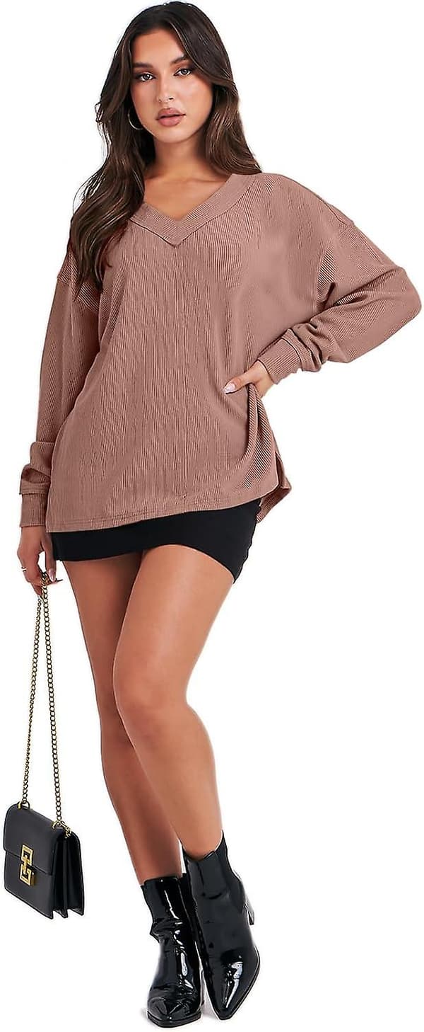 Langermet damegenser V-hals Off Shoulder Oversized Strikket Pullover Sweatshirt Løs High Low Høst Tunika Topper Deep Apricot Medium