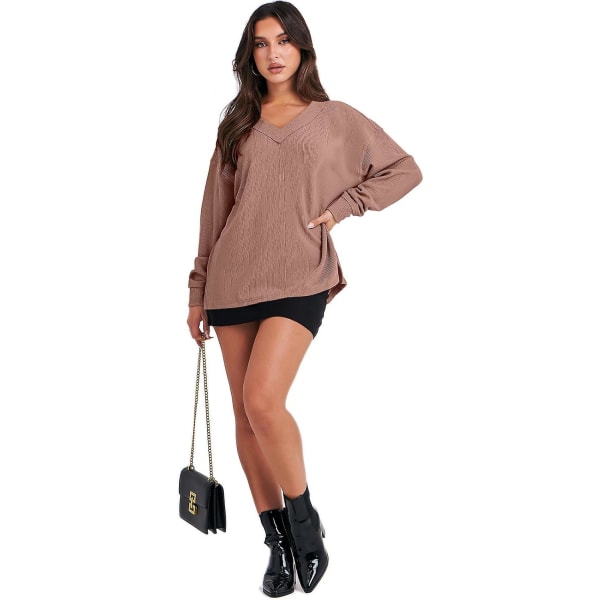 Naisten pitkähihainen paita V-kaula-aukko Olkapäät paljaana Ylisuuri neulepusero Löysä High Low Syksy Tunika Topit Deep Apricot Medium