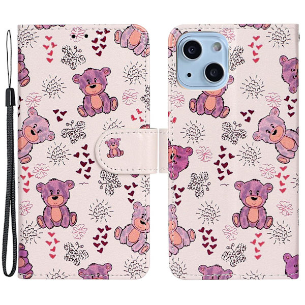 Stativ Telefonplånbok Case För Iphone 15 Plus, Pu Lädermönster Utskrift Cover Bear
