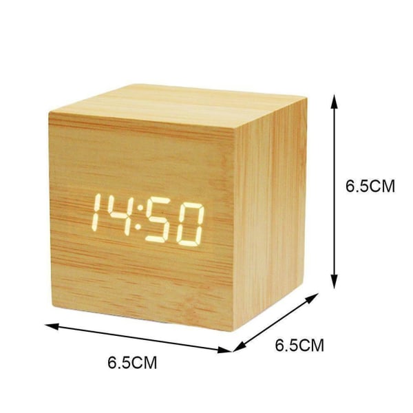 Træ Cube Led Alarm Stemmestyring Digitalt Skrivebord Sengelampe Ur Træ Hurtig Temperatur Beige