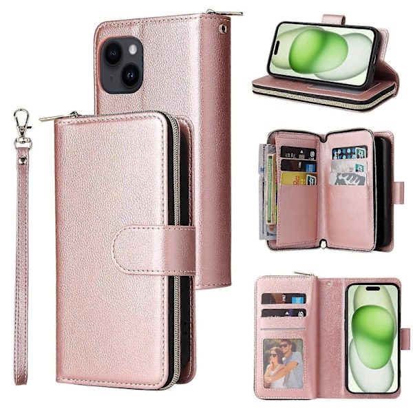 För iPhone 15 Plus Mobiltelefon Ställ Skydd Fodral Dragkedja Ficka 9 Kortplatser PU Läder Plånbok Multicolor Rose Gold