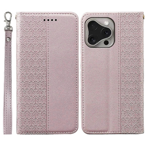 Plånboksfodral för iPhone 16 Pro Stark Magnetisk Rutmönstrad Präglad Läder Flip Cover Multicolor Rose Gold