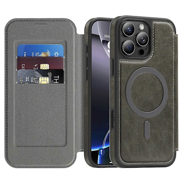 iPhone 16 Pro -nahkakotelo, yhteensopiva MagSafe-latauksen kanssa, RFID-suojattu korttipidike Multicolor Titanium Grey