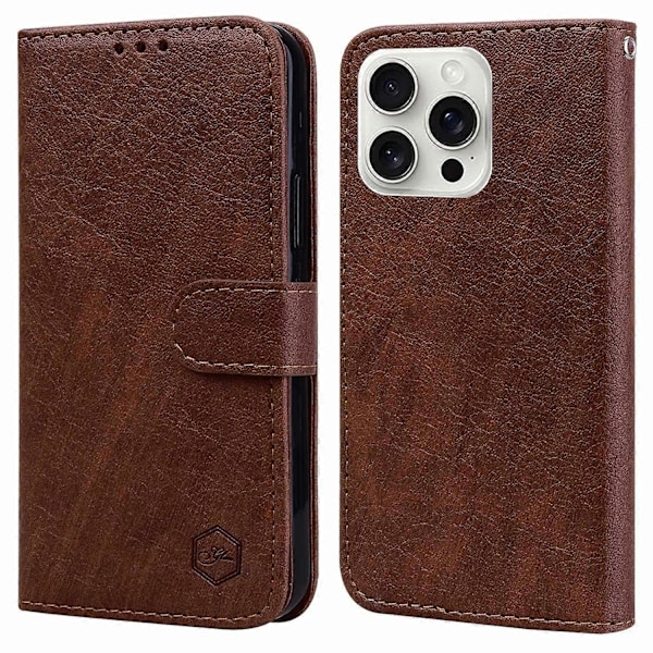 För iPhone 16 Pro Skal Enfärgat Läder Vikbart Ställ Plånbok Läder Telefonskal - Svart Multicolor Brown