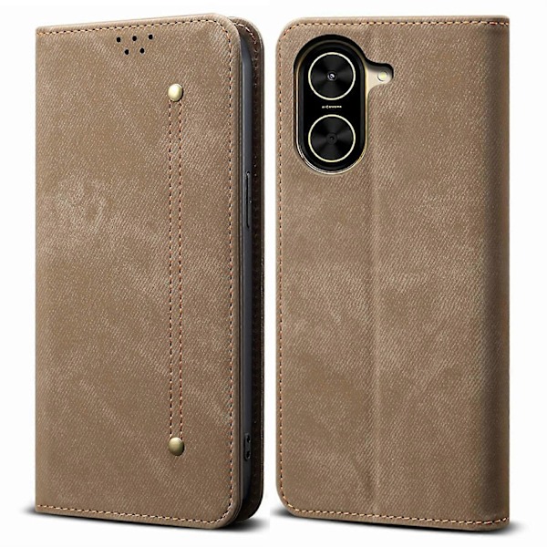 Til Xiaomi Redmi A5 4G/ Poco C71 4G Etui Jeans Klæde Tekstur Anti-Ridse Læder Stand Telefon Cover Multicolor Khaki