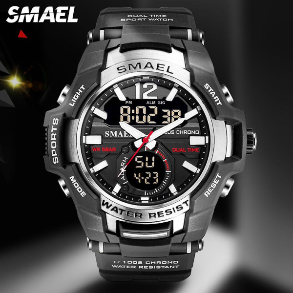 Smael Dual Time Army Watch För Män Lysande Vattentät Quart Digital Armbandsur Väckarklocka Led Bakgrundsbelysning Kalender 1805 Black