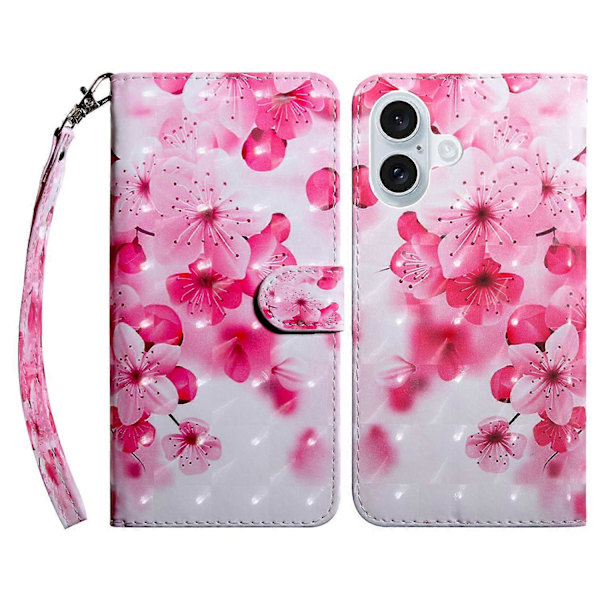 Skal till iPhone 16 Plus med Ställ, Mönstertryck, Läderfodral - Stående Katt Multicolor Red Flower