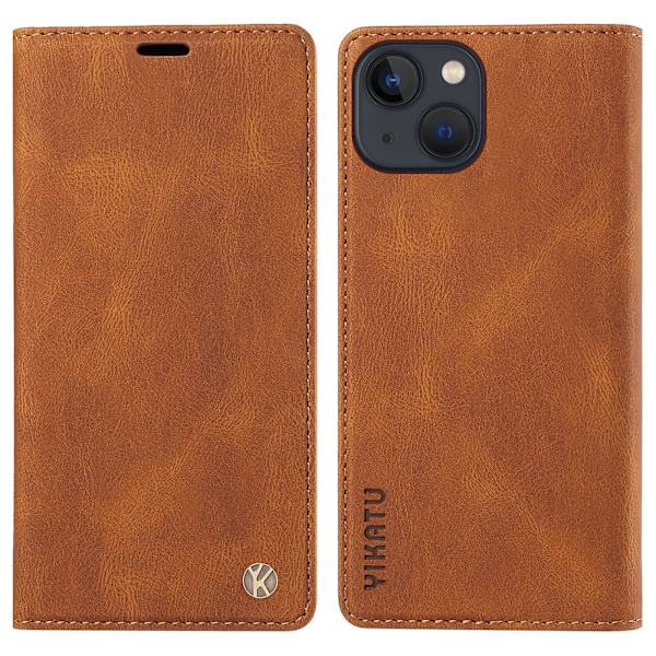 För Iphone 15 Magnetisk Autoabsorberad Pu Leather Shell Telefon Plånboksställ Cover Brown