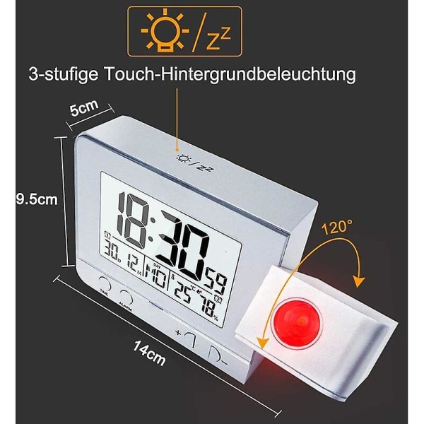 Digital Projektions Vækkeur til Soveværelser, Stort Loftprojektions Vækkeur med USB-Port, Batteri Backup, 180° Projektor, LED Display, Sølv