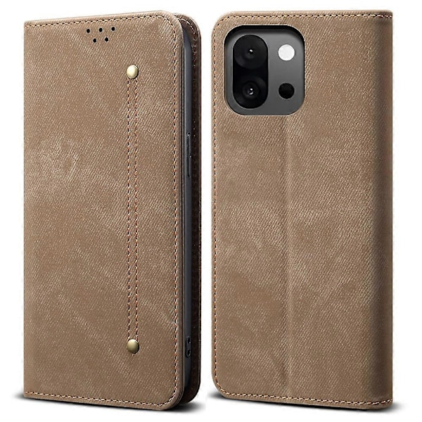 OnePlus 13T 5G -kotelo, farkkukangaskuvio, naarmuuntumaton nahkainen jalustallinen puhelinkotelo Multicolor Khaki
