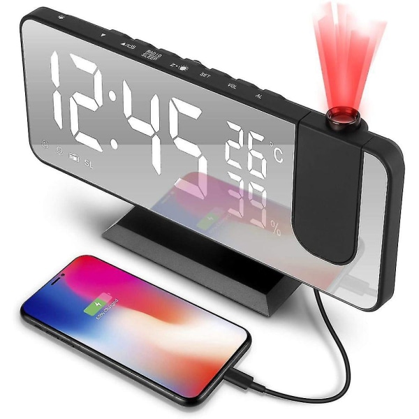 Projektions Vækkeur, Digitalt Ur, Roterbar Projektor, Klart LED Display, USB Oplader, Progressiv Lydstyrke, Digitalt Vækkeur Til Soveværelse