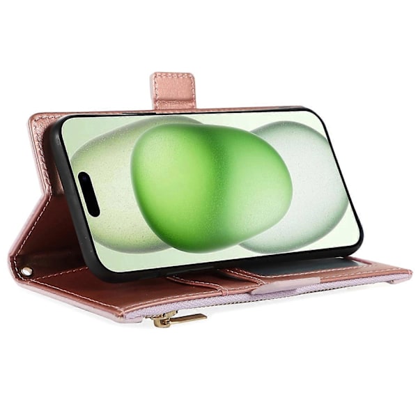 Fodral till iPhone 15 Plus med dragkedjeficka, PU-läder med litchistruktur och rem Multicolor Style B