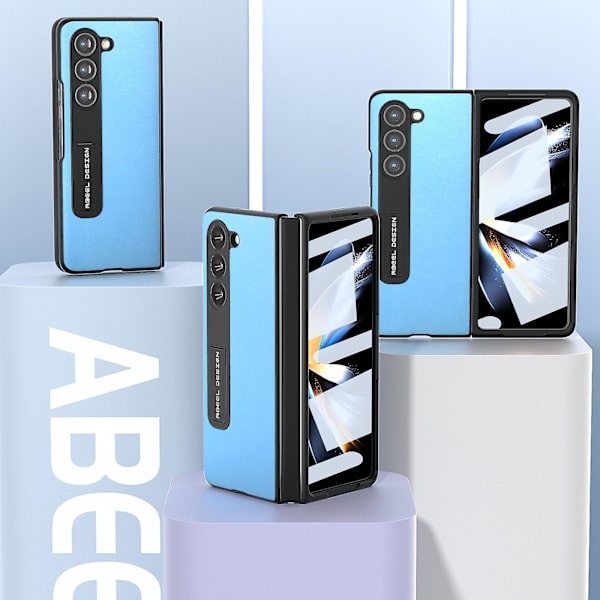 Til Samsung Galaxy Z Fold5 5g Tekstureret Pu Læderbelagt Pc Etui Støtteben Foldbart Telefoncover Sky Blue