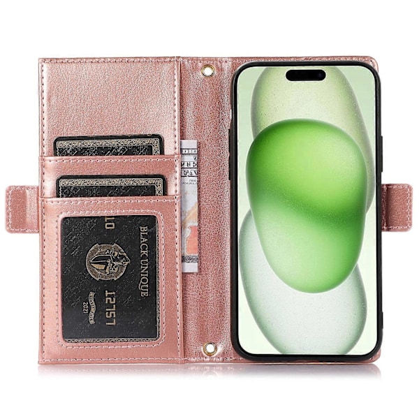 Fodral till iPhone 15 Plus med dragkedjeficka, PU-läder med litchistruktur och rem Multicolor Style B