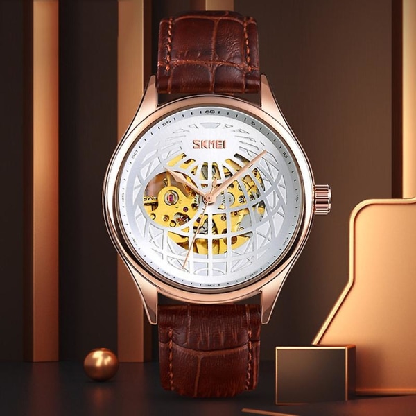 Skmei 9209 Men Business Automatisk Mekanisk Watch Rund Hollow Dial Läder Watchband Watch Gold Black