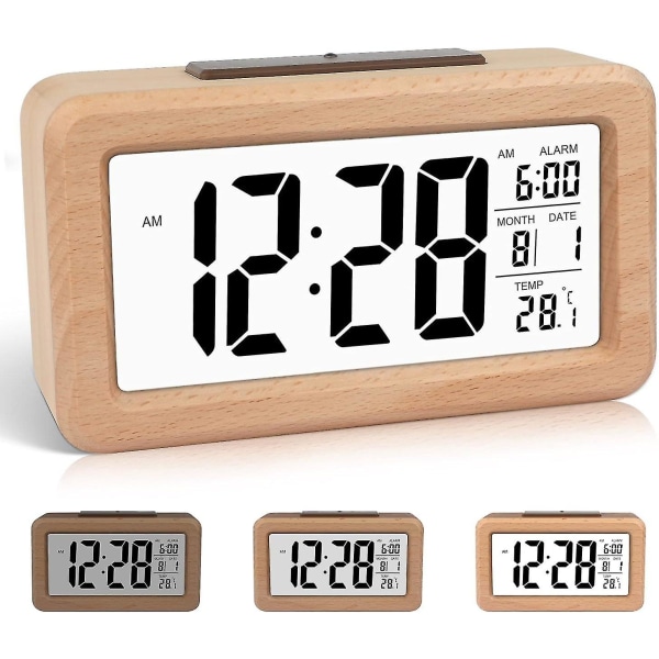 Enkelt set digital väckarklocka i trä med temperatur, datum, bakgrundsbelysning, snooze, för sovrum, säng, hem, kontor, icke tickande