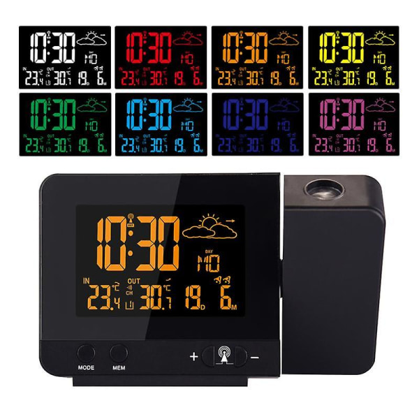 Väckarklocka LCD-skärm Väderstation 8 färgskärm LED Digital projektion Snooze Alarm för hemmet Black EU Plug