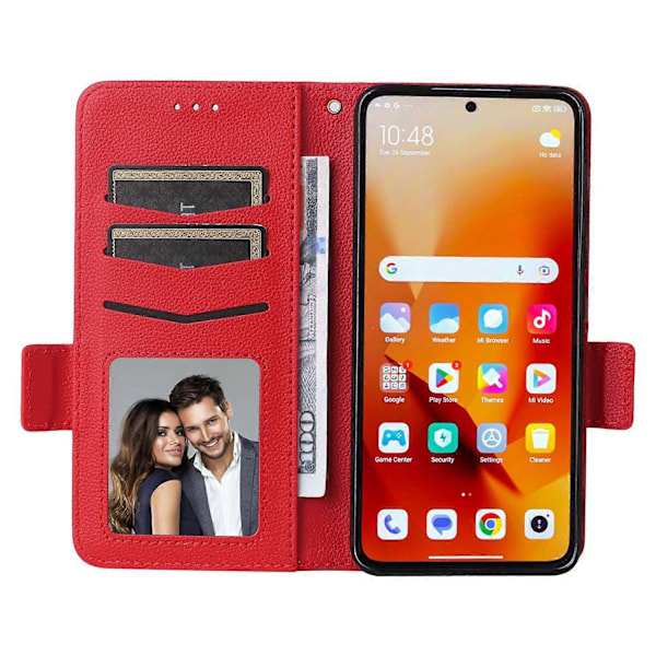 Til Xiaomi 14T Etui Litchi Tekstur PU Læder Wallet Flip Telefon Cover - Grå Multicolor Red