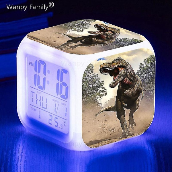Tyrannosaurus Dinosaurie Väckarklocka 7 färgbyte Multifunktions väckningstimer Barnrum Lysande elektronisk watch Present till barn Sky blue