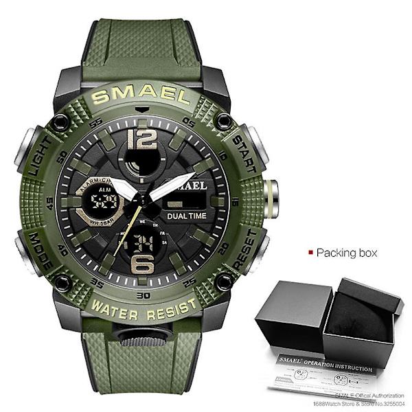 Smael Dual Time Led Display Digital watch För män Vattentät Simning Quartz Sportklockor Auto Date Alarm Clock Armbandsur 8039 Green-Box