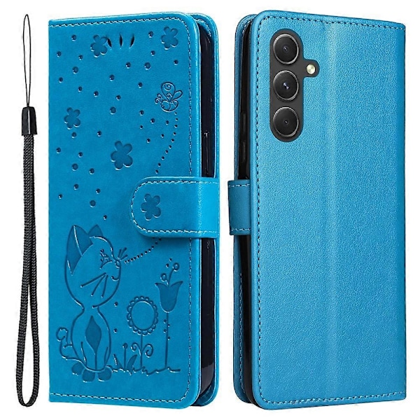 Læder Etui Kat Bi Mønster Telefon Cover Wallet Stand med Rem Multicolor Type A