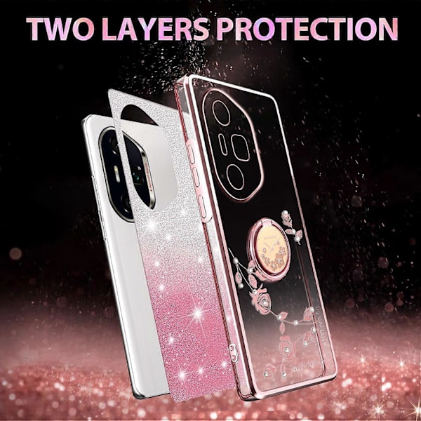 KADEM Honor 300 Ultra -kotelo, rengaspidike, TPU, kukkia, puhelinkuori, liukuväri, glitter Multicolor Rose Gold