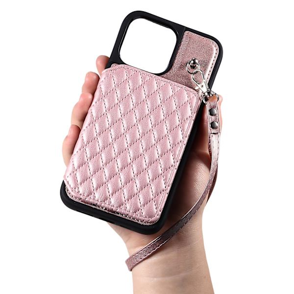 Phone case för Iphone 15 Pro Max Rfid Blocking Pu Läderbelagd TPU-skal med handledsrem Rose Gold