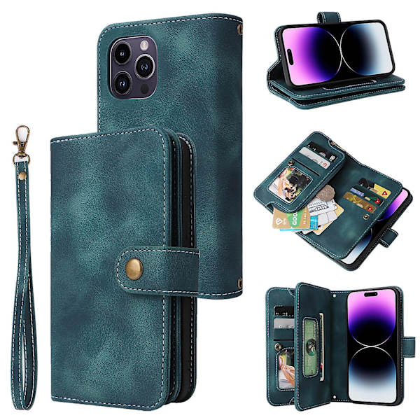 För Iphone 14 Pro Max Anti-dropp phone case Stativ Blixtlåsficka Läder Cover med remmar Green
