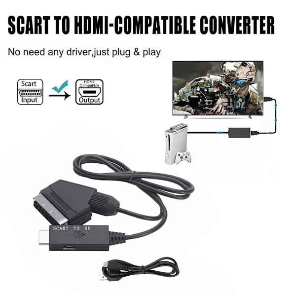 1X SCART till HDMI-kabel Videoadapter SCART till HDMI-omvandlare Ada