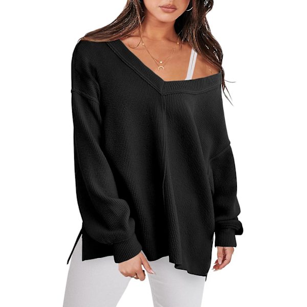 Dam långärmad skjorta V-ringad off-shulder Oversized stickad tröja lös hög låg höst tunika toppar Black Large
