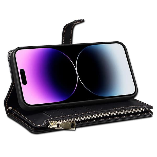 Rfid Blockerande Case För Iphone 15 Pro, Pu Läderställ Blixtlåsficka Cover Black