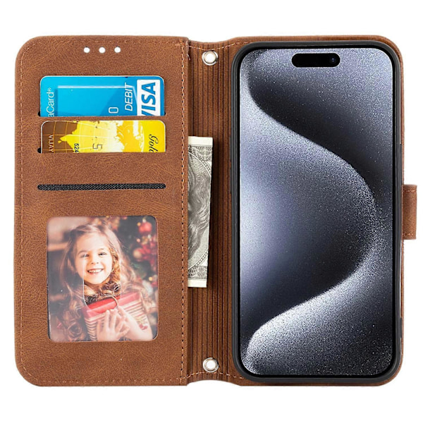 For iPhone 15 Pro Max Deksel Preget Lær Stativ Støtsikkert Telefondeksel med Stropp Multicolor Style F