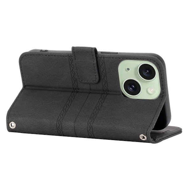 För iPhone 15 Plus Skal Präglat PU Läder Plånbok Anti-fall Telefonskydd med Rem Multicolor Style B