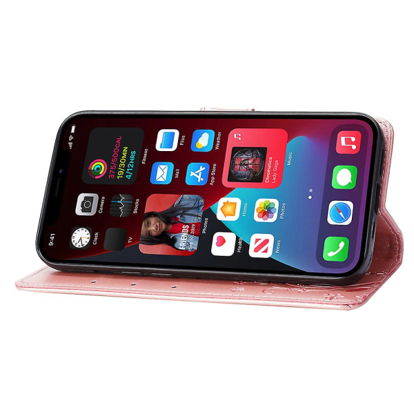 För Iphone 15 Plus Pu Läder Cover Phone case Imprinted Butterflies Shell Stand with rem Rose Gold