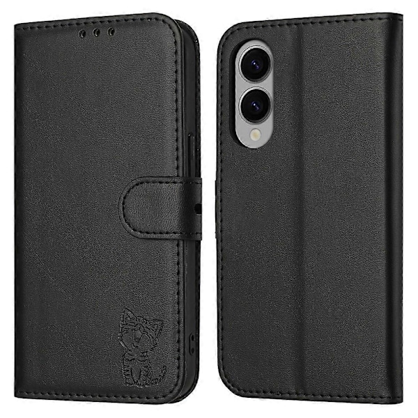 Til Samsung Galaxy S25 Edge Etui Glad Kat Mønster Præget Læder Wallet Telefon Cover Multicolor Black
