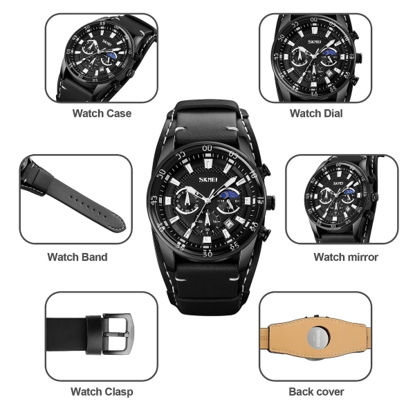 Skmei 9249 Herre Månefase Kalender Stoppeklokke Quartz Klokke Black